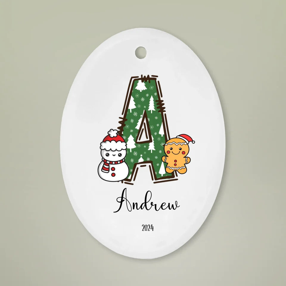Personalized Animal Print and Winter wonderland Initial Ceramic Ornament.