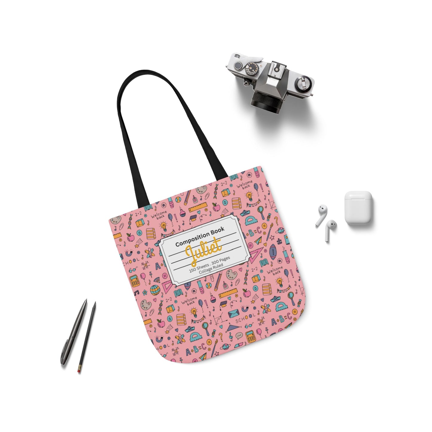 Personalized Pink Chalkboard Chic Composition Book Inspired Canvas Tote Bag with Colorful Straps, Cute School Bag, Eco-Friendly Tote, Back to School Shopping Bag, Teacher Gift Idea