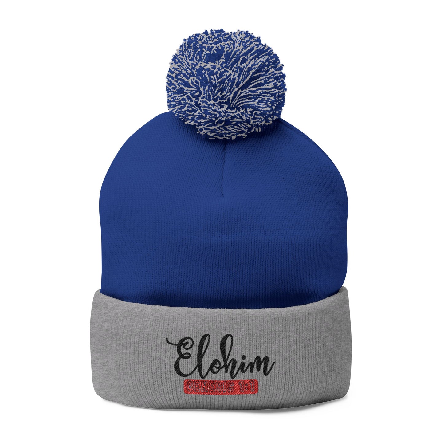 Pom-Pom Knit Cap with 'ELOHIM, GENESIS 1:1'  Embroidery Beanie - Stylish Winter Accessory for All Ages, Perfect Gift for Birthdays, Holidays, and Outdoor Activities