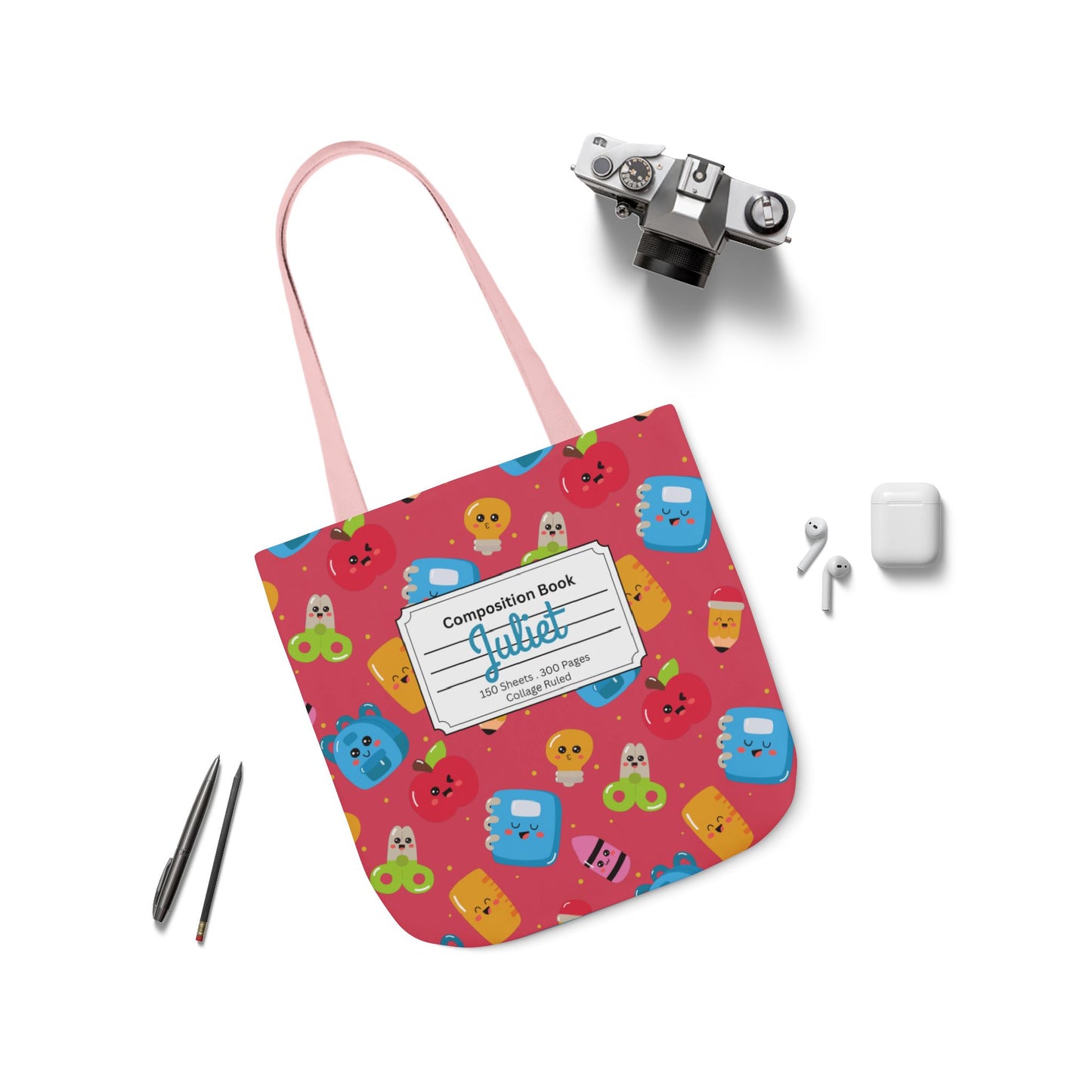 Personalized Kawaii Composition Book Inspired Canvas Tote Bag with Colorful Straps, Cute School Bag, Eco-Friendly Tote, Back to School Shopping Bag, Teacher Gift Idea