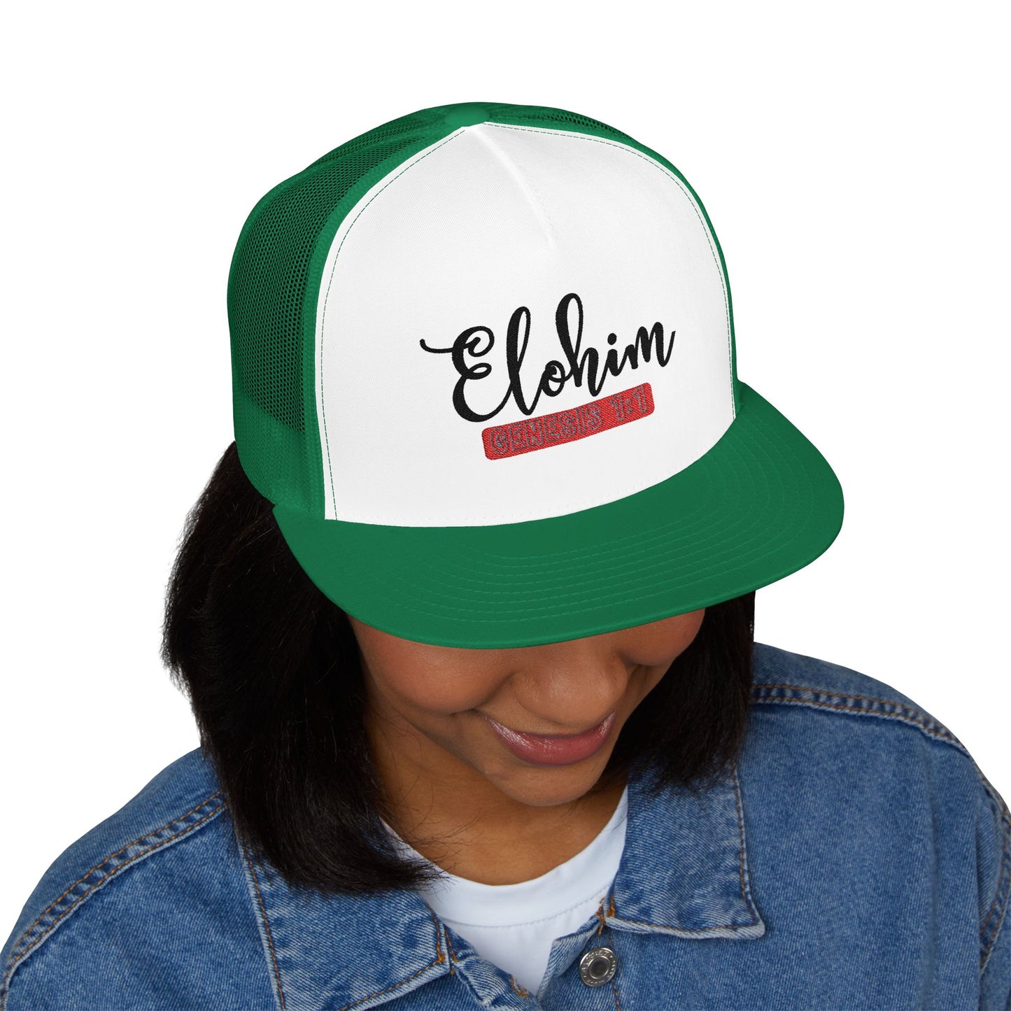 'ELOHIM, GENESIS 1:1'  Embroidered 5 Panel Trucker Cap | Casual Style Hat, Adjustable, Unisex, Perfect Gift for Outdoors, Festivals, Daily Wear