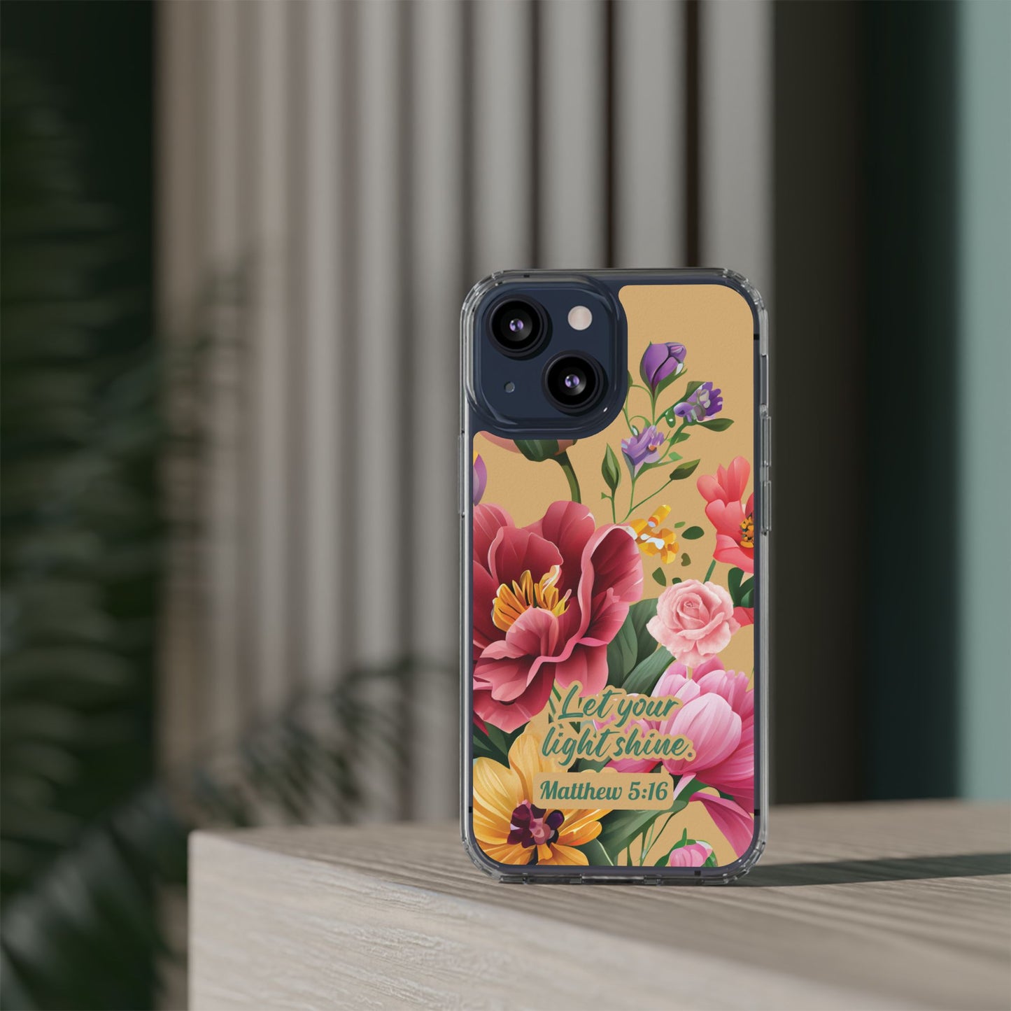 Clear Floral Bible Verse Phone Case — "Let Your Light Shine" (Matthew 5:16) for iPhone and Samsung Cases.
