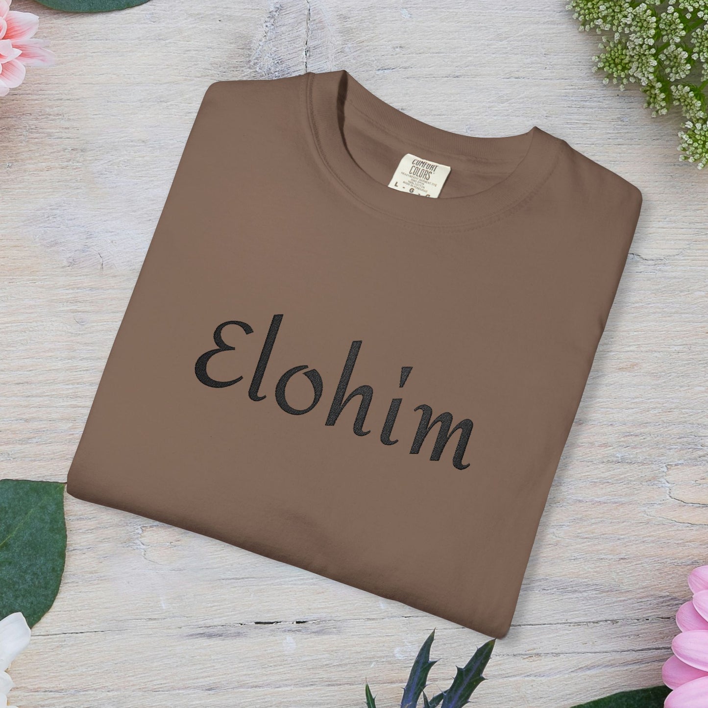 Embroidery 'ELOHIM, GENESIS 1:1' - Faith-Based Unisex Garment-Dyed Comfort Colors T-shirt, Faith Gift Tee, Religious Tee, Embroidery Tee.