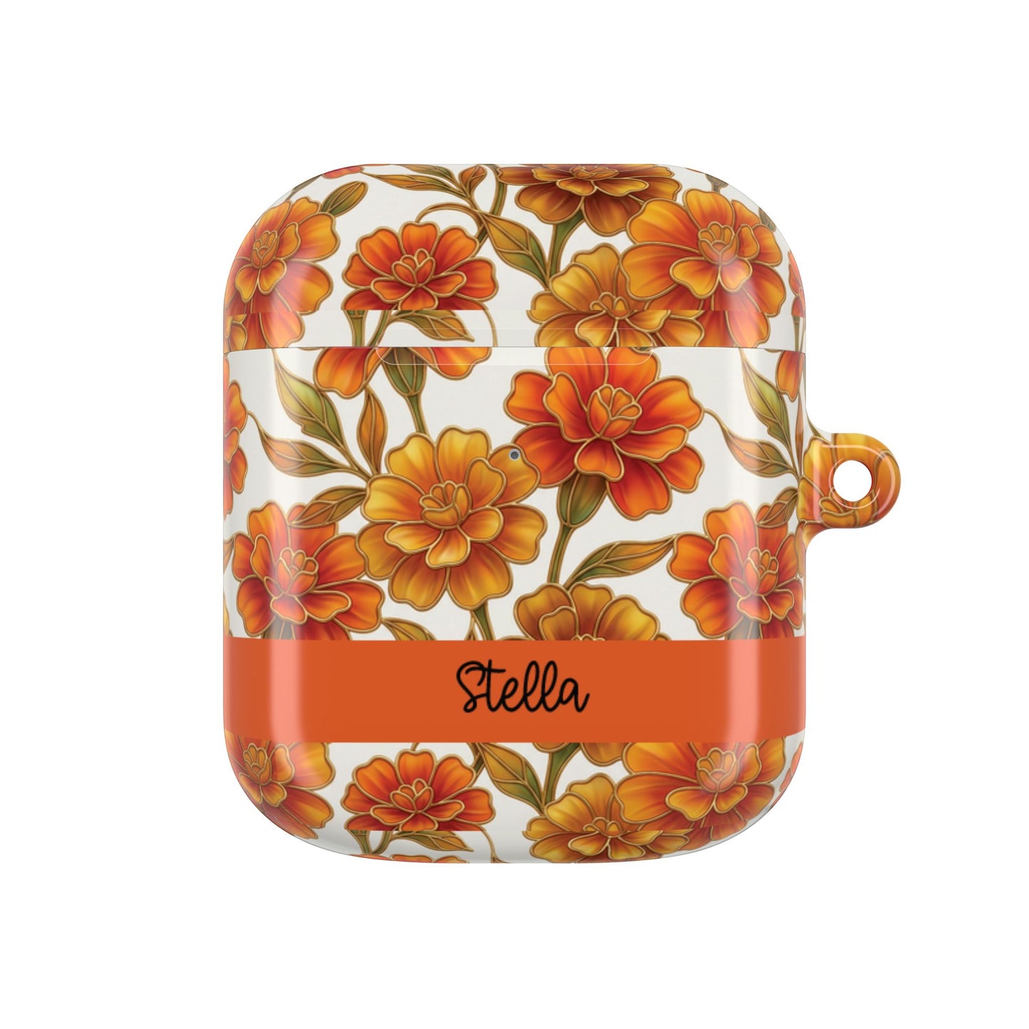 Stained Glass Effect Floral Orange Marigold AirPod Case — Personalized Name Option