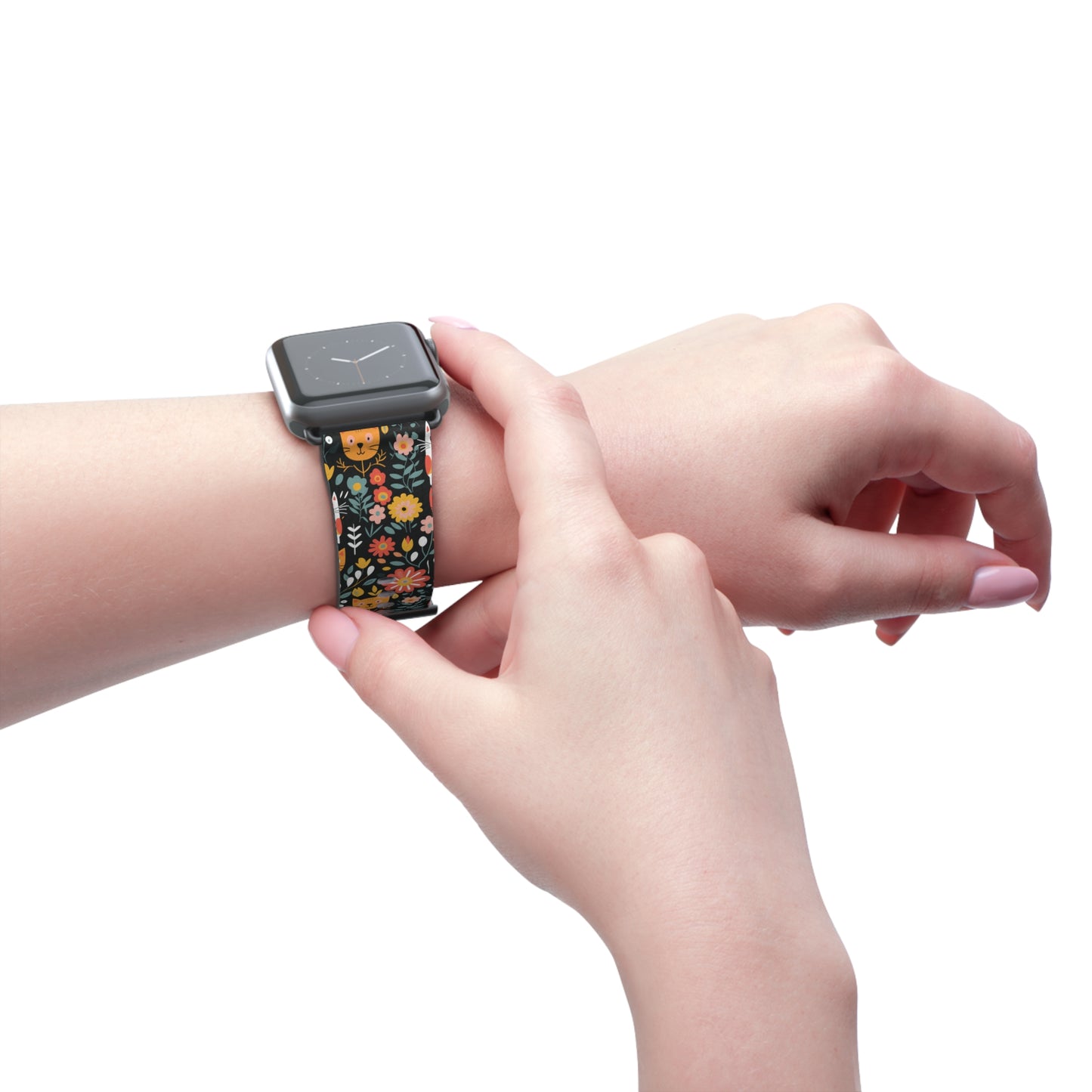 Whimsical Feline Garden Print Watch Band for Apple Watch - Cute Animal Design.
