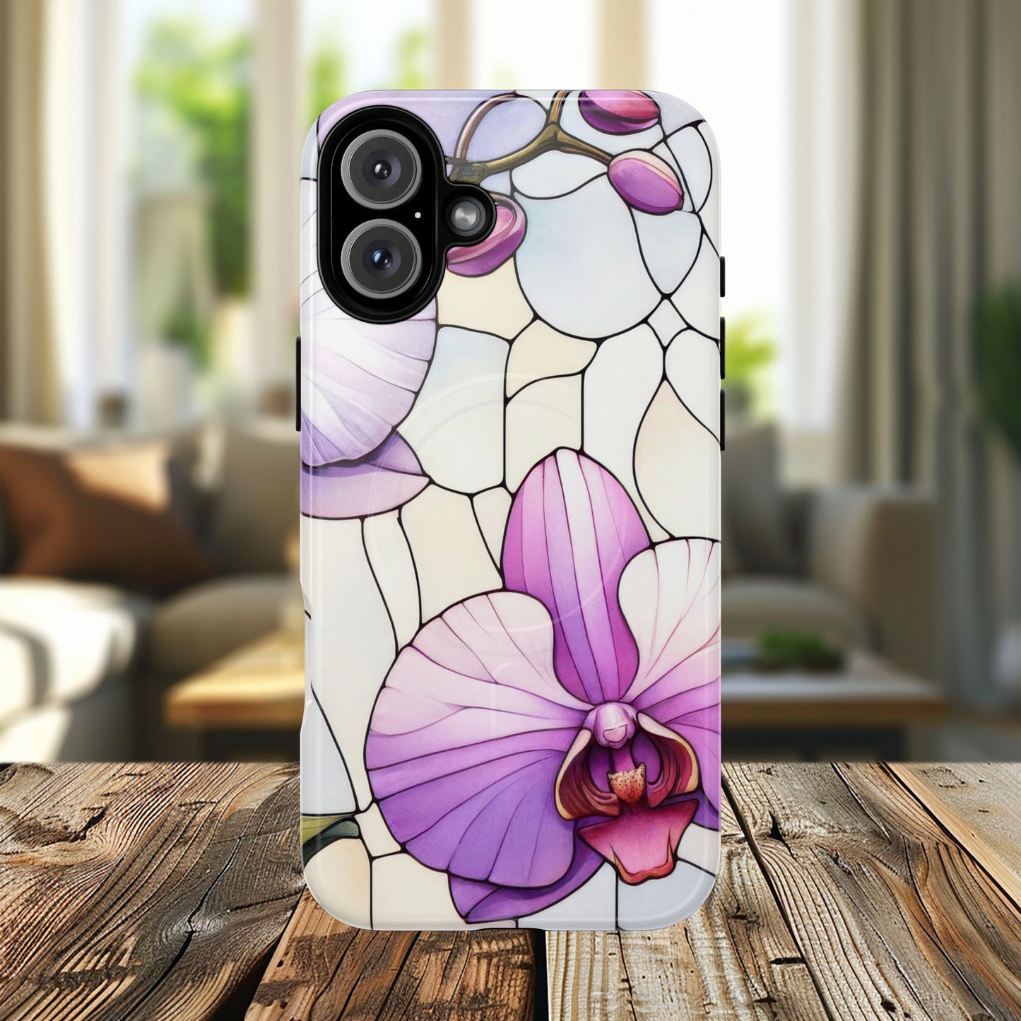 Orchid Grace Tough iPhone Magnetic Case, Protective iPhone Cover, Trendy Stained Glass Design, Floral Gift, Unique iPhone Accessory, Durable iPhone Case