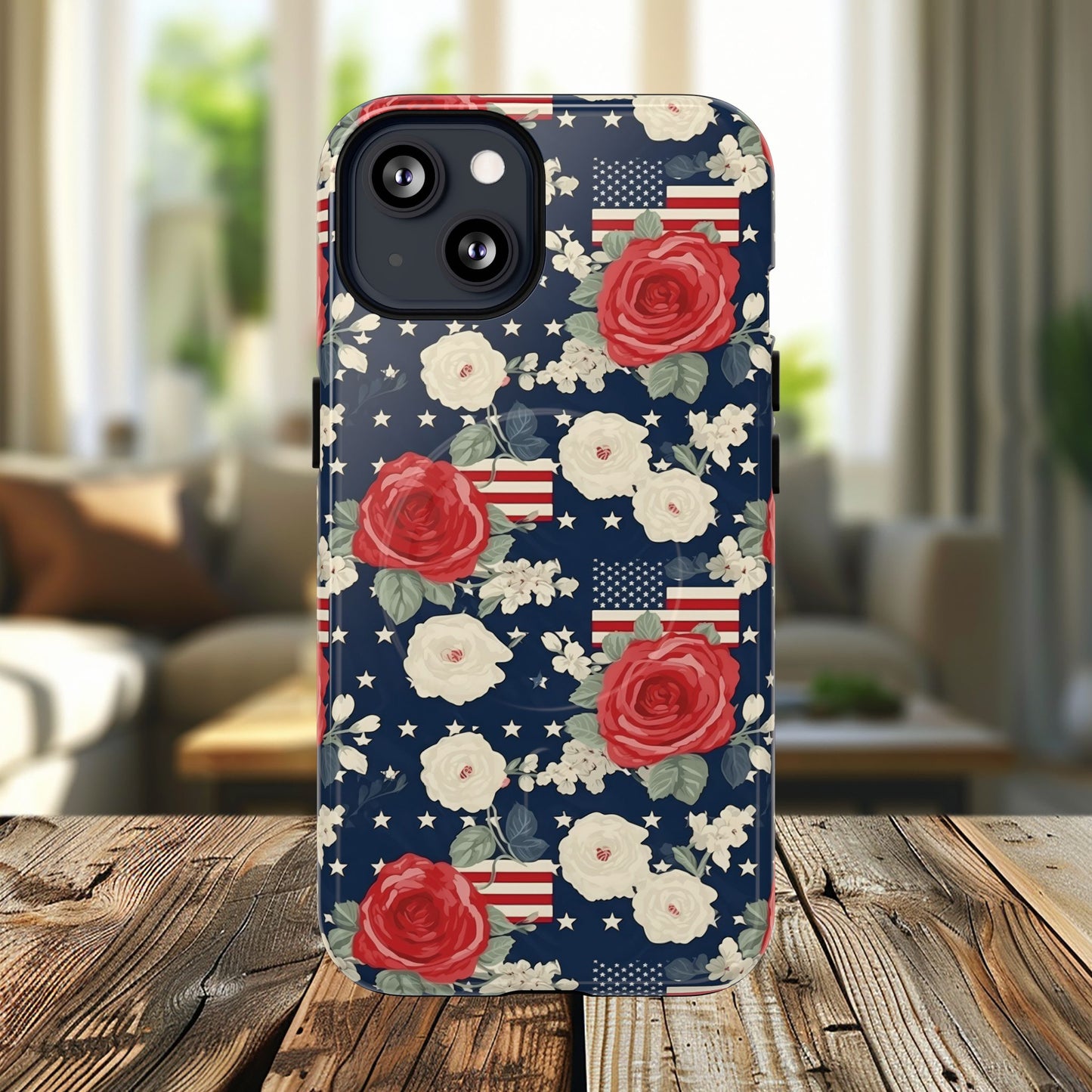 Liberty in Bloom Tough iPhone Magnetic Case, Floral Design, Gift for Moms, Gift for Dads,  iPhone Accessories, Patriotic iPhone Accessory.