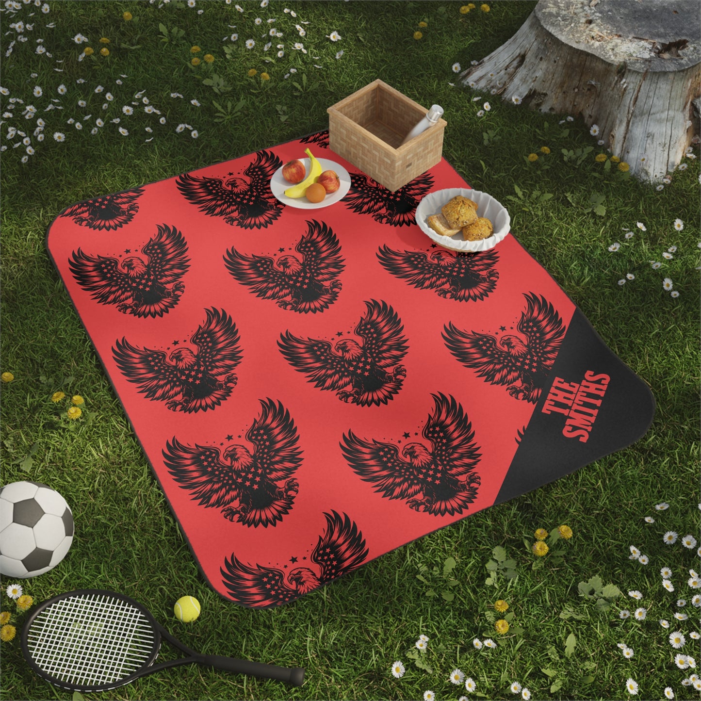 Eagle Pattern Picnic Blanket — Red & Black Outdoor Blanket with Custom Corner Name