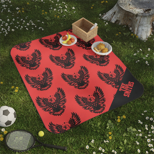 Eagle Pattern Picnic Blanket — Red & Black Outdoor Blanket with Custom Corner Name