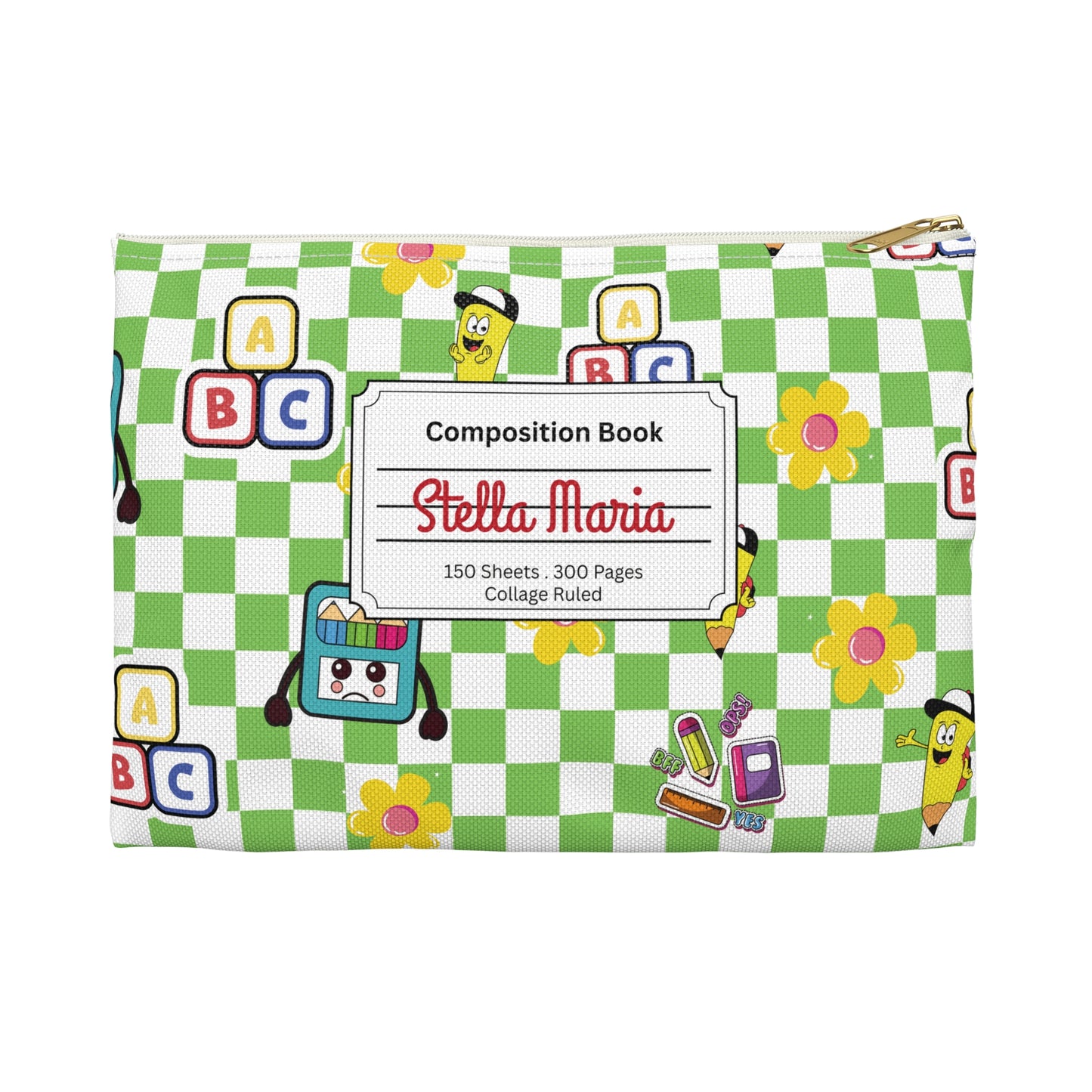 Personalized Green SchoolYard Chic Composition Book Inspired Accessory Pouch, Kids School Supplies, Classroom Organizer, Teacher Gift, Fun Stationery Case, Back to School