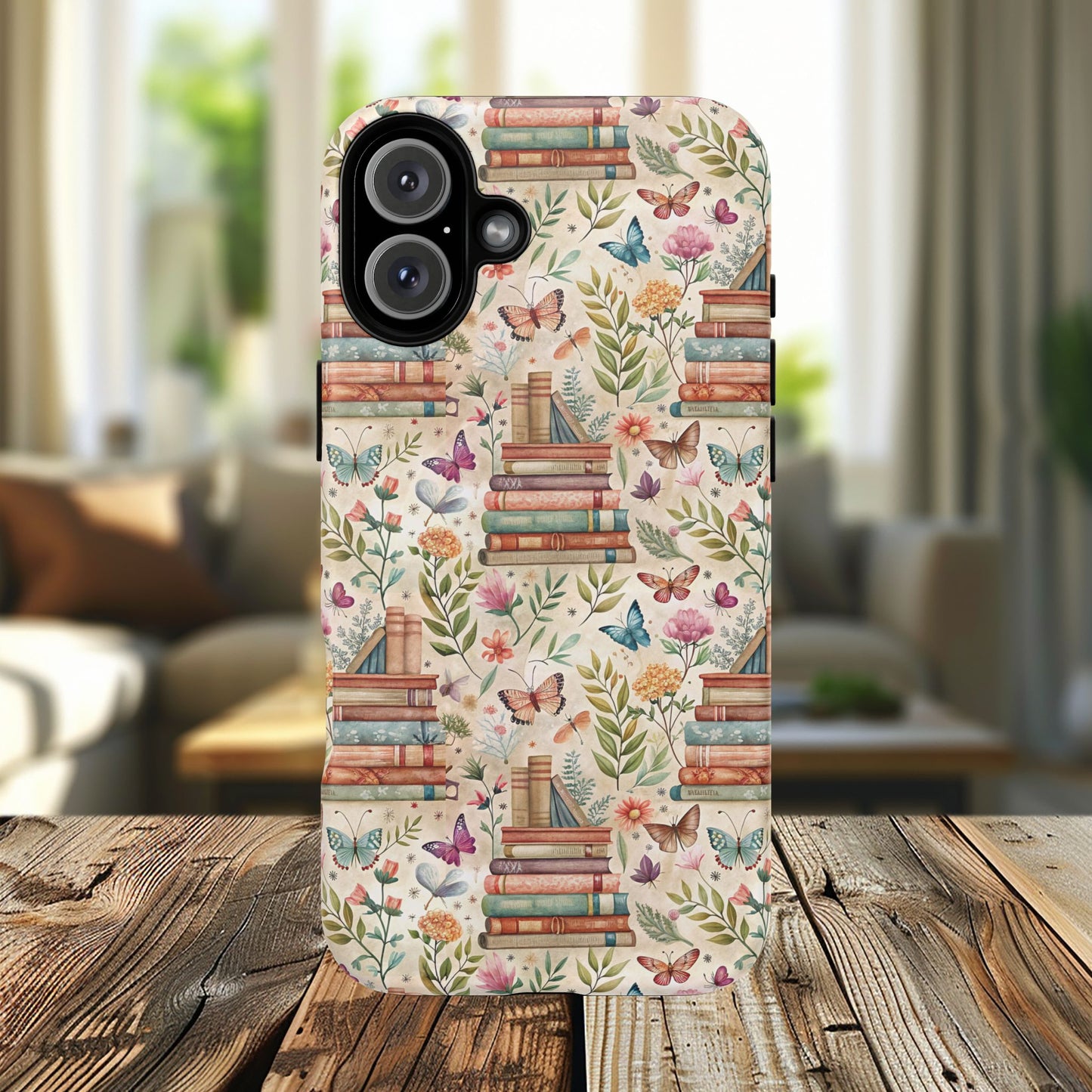 Colorful Bookworm Tough Magnetic iPhone Case,  Floral Butterfly Print, Gift for Readers, Tough IPhone Protective Cover, Bookish iPhone Case.