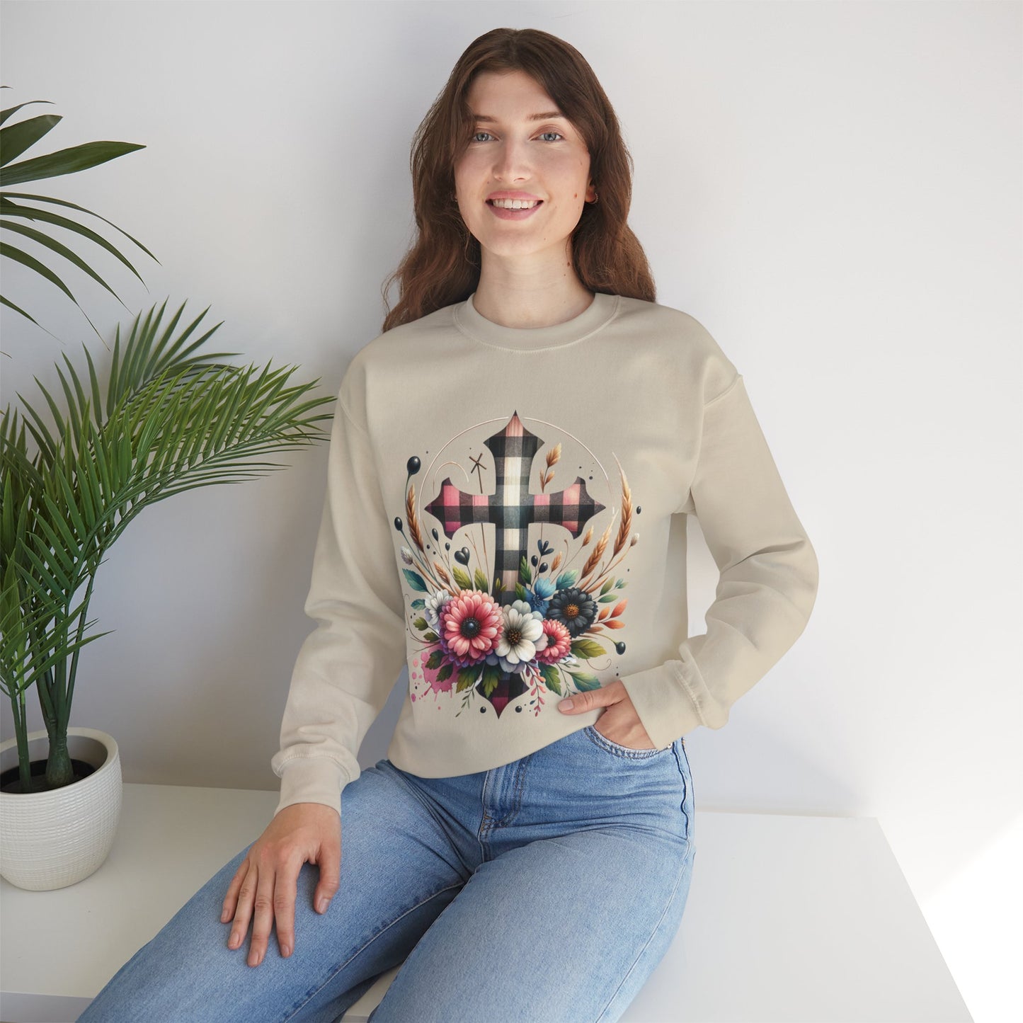 Faith and Floral Cross Unisex Heavy Gildan Blend™ Crewneck Sweatshirt.