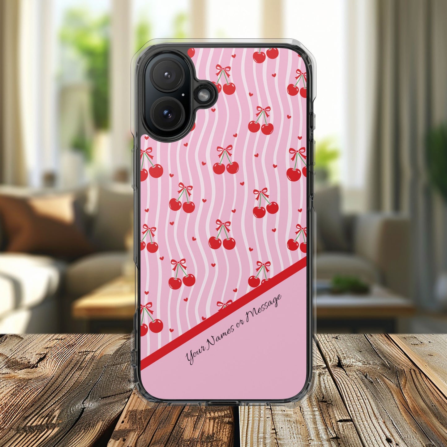 Personalized Cherry Blossom Dreams Clear Magnetic MagSafe iPhone® 13, 14, 15, 16, 17, X/XS, SE, XR, Mini, Pro, Pro Max, Plus Cases. — Customizable Name Accent