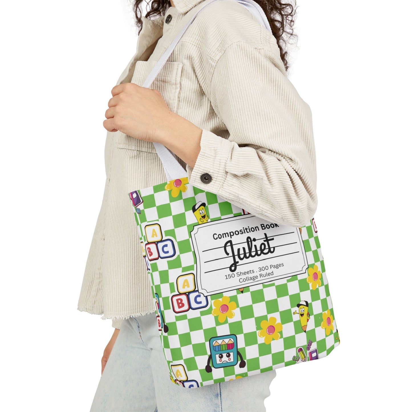 Personalized Green Schoolyard Chic Composition Book Inspired Canvas Tote Bag with Colorful Straps, Cute School Bag, Eco-Friendly Tote, Back to School Shopping Bag, Teacher Gift Idea