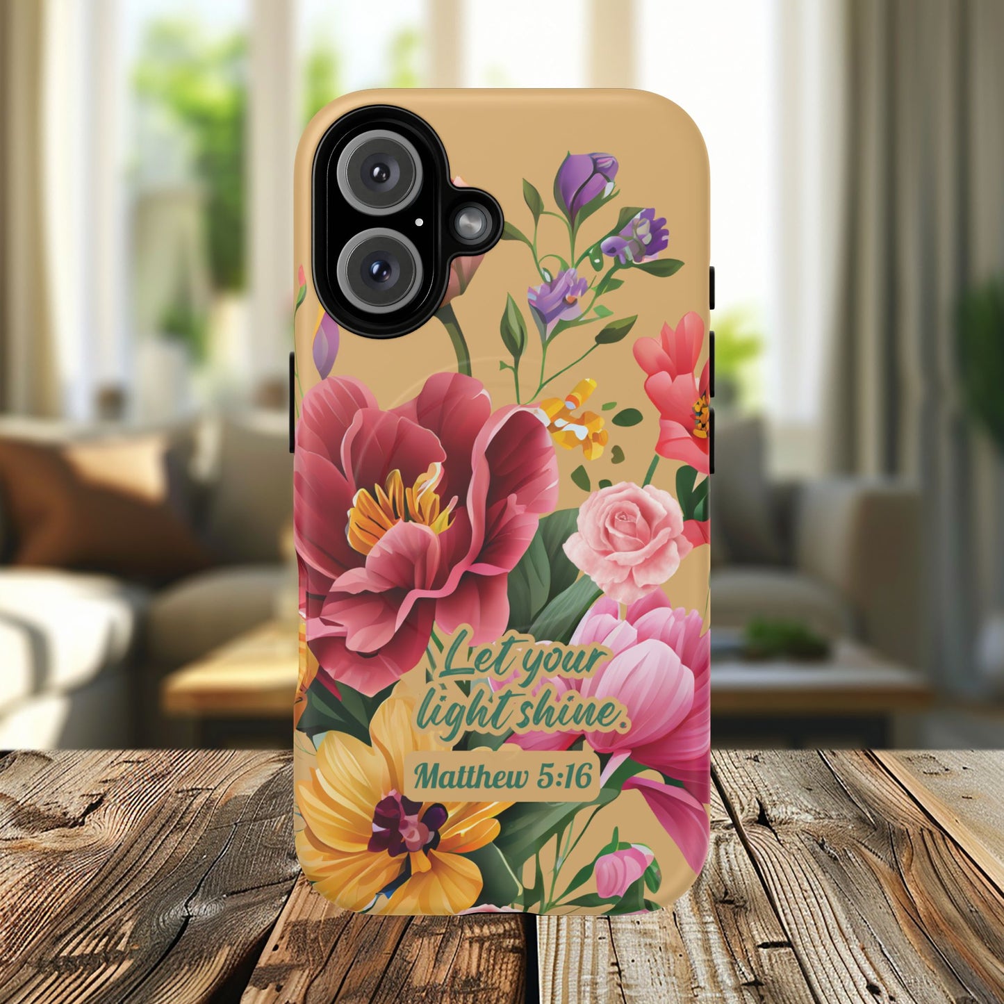 Let your Light Shine Matthew 5:16, Inspirational Gift, Tough iPhone Magnetic Case Scripture, Floral Bible Verse, MagSafe® iPhone® Tough Case, iPhone 14, iPhone 15, iPhone 16, Pro, Pro Max, Plus.