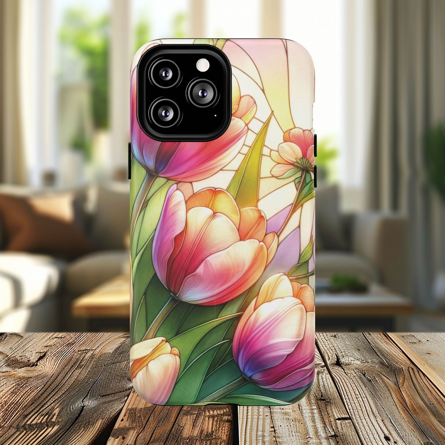 Tulip Glow Tough iPhone Magnetic Case, Floral Design, Spring Gift, Durable Protection, Smartphone Accessories, MagSafe Accessories, Stained Glass Tulip Gift