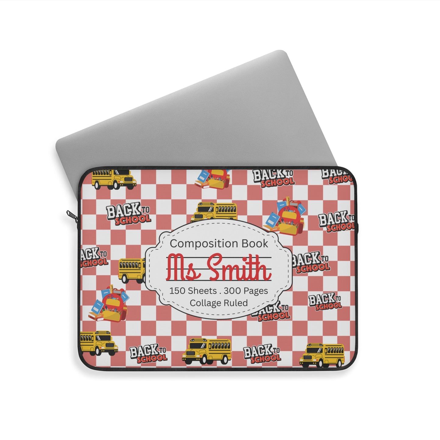 Personalized Red SchoolYard Chic Laptop Sleeve with Composition Book Inspired Design, Educational Gift for Teachers, Classroom Organization, Back to School, Unique Teacher Accessory