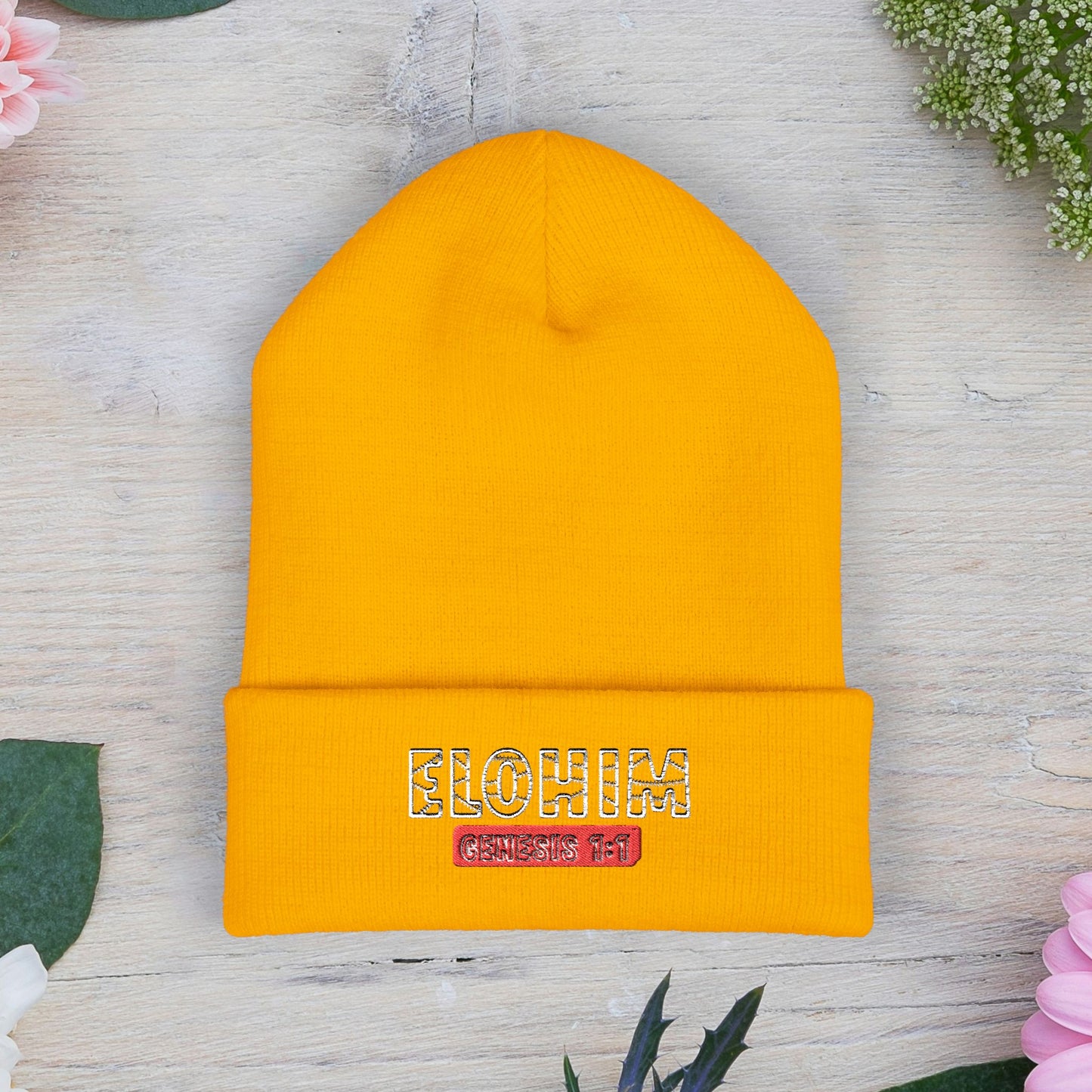 Embroidered 'ELOHIM, GENESIS 1:1' Classic Cuffed Beanie - Cozy Winter Hat, Streetwear Accessory, Personalized Gifts, Religious Apparel, Unisex Beanie