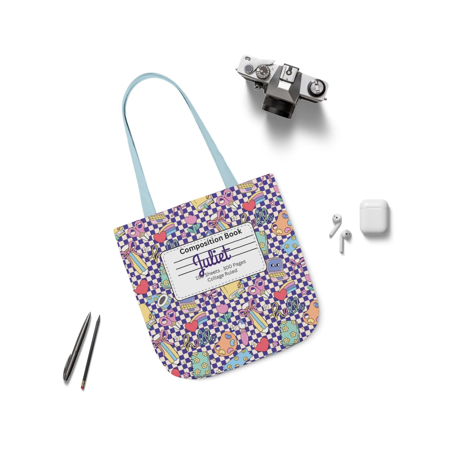 Personalized Purple Doodle Daydream Composition Book Inspired Canvas Tote Bag with Colorful Straps, Cute School Bag, Eco-Friendly Tote, Back to School Shopping Bag, Teacher Gift Idea