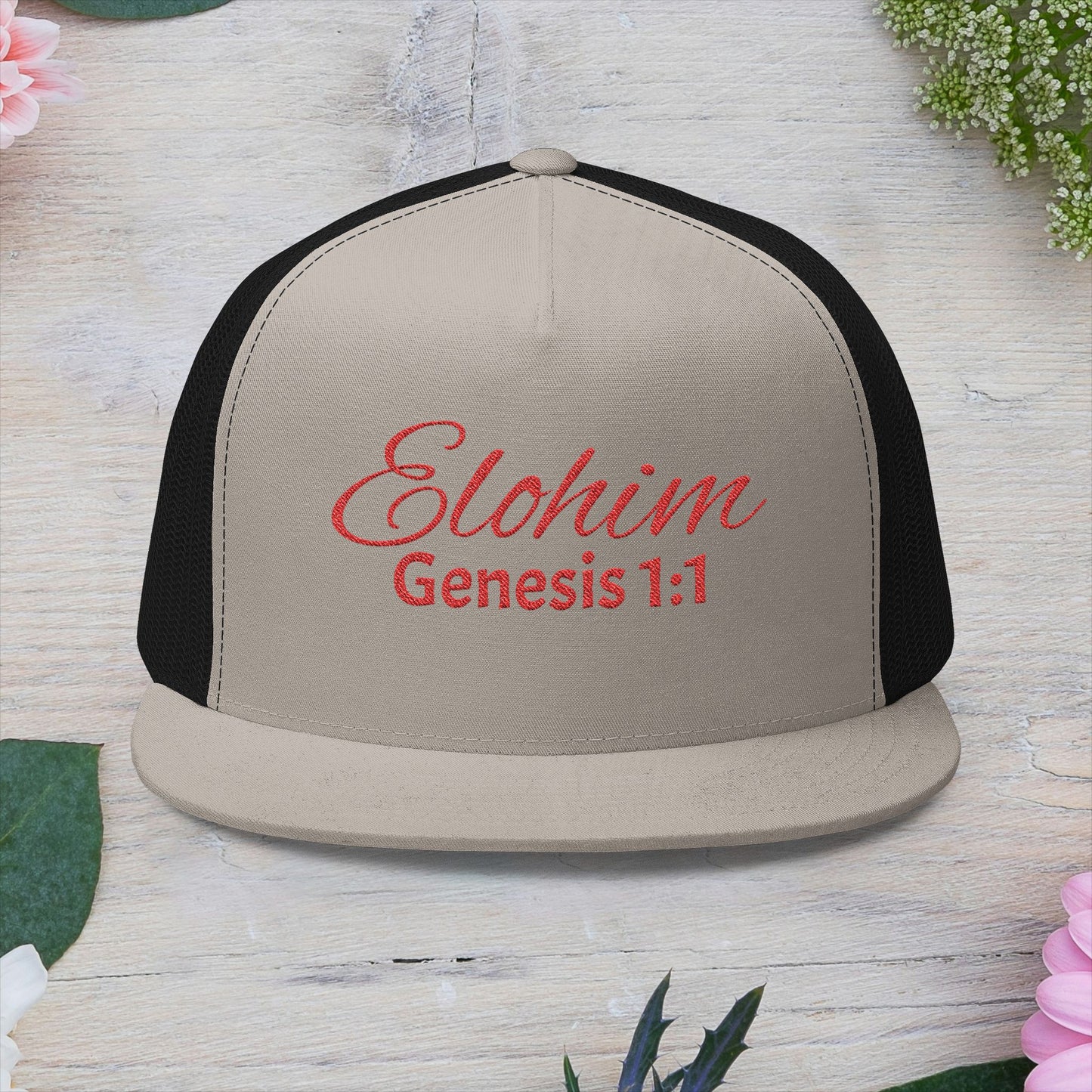 Red 'ELOHIM, GENESIS 1:1'  Embroidered 5 Panel Trucker Cap | Casual Style Hat, Adjustable, Unisex, Perfect Gift for Outdoors, Festivals, Daily Wear