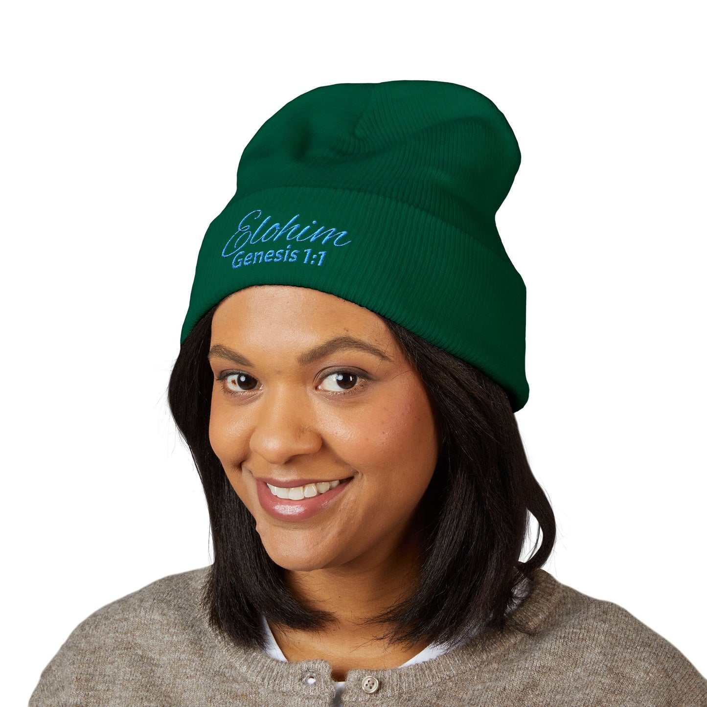 Teal Embroidered 'ELOHIM, GENESIS 1:1' Classic Cuffed Beanie - Cozy Winter Hat, Streetwear Accessory, Personalized Gifts, Religious Apparel, Unisex Beanie