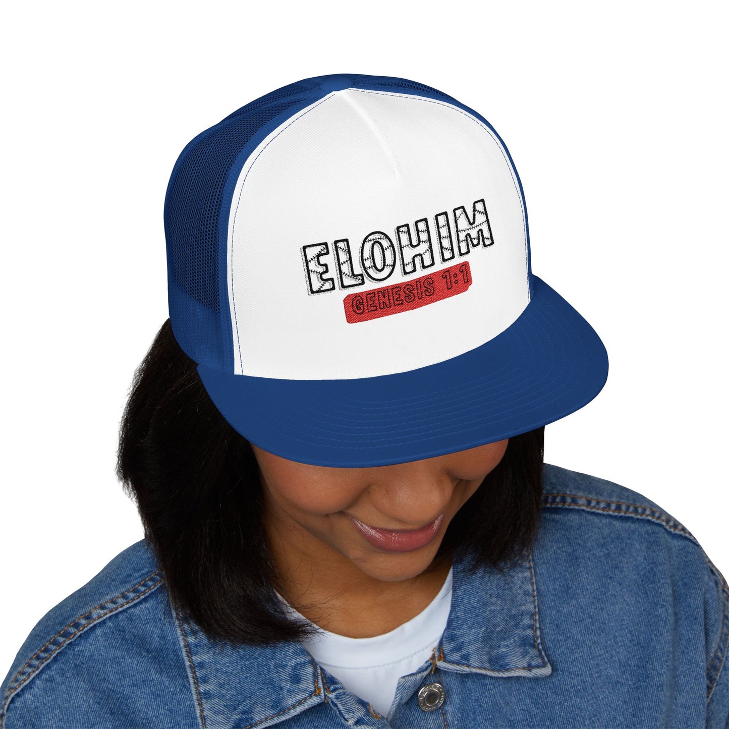 'ELOHIM, GENESIS 1:1'  Embroidered 5 Panel Trucker Cap | Casual Style Hat, Adjustable, Unisex, Perfect Gift for Outdoors, Festivals, Daily Wear
