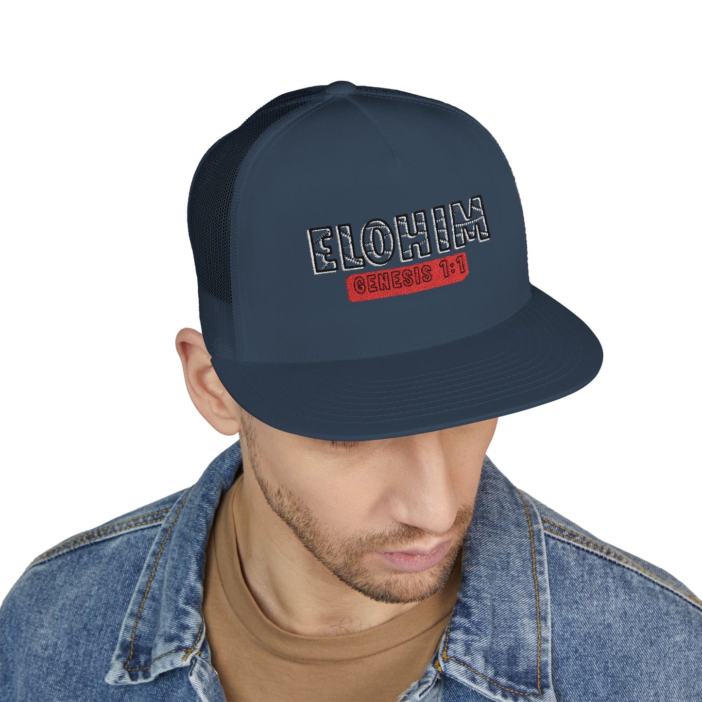 'ELOHIM, GENESIS 1:1'  Embroidered 5 Panel Trucker Cap | Casual Style Hat, Adjustable, Unisex, Perfect Gift for Outdoors, Festivals, Daily Wear