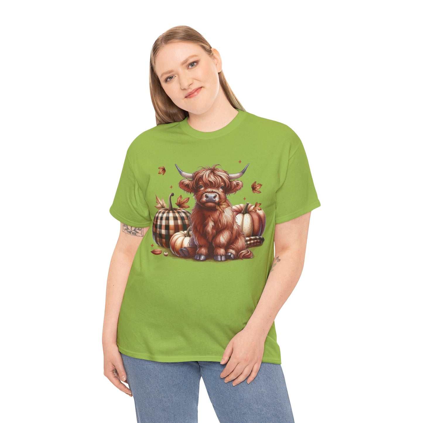 Autumn Highland Cow Charm Unisex Heavy Cotton Tee