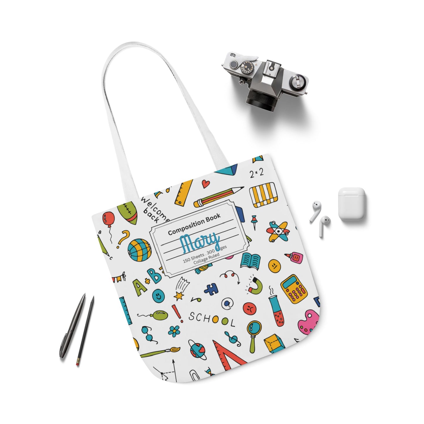Personalized Classroom Couture Composition Book Inspired Canvas Tote Bag with Colorful Straps, Cute School Bag, Eco-Friendly Tote, Back to School Shopping Bag, Teacher Gift Idea
