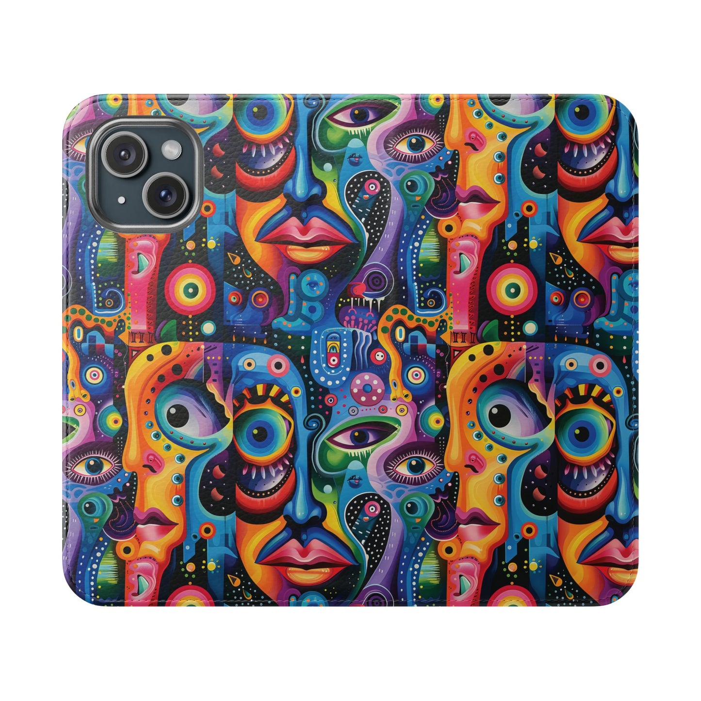 Psychedelic Visions Vibrant Art Flip iPhone and Samsung Phone Case - Colorful Faces Design for Phone Protection