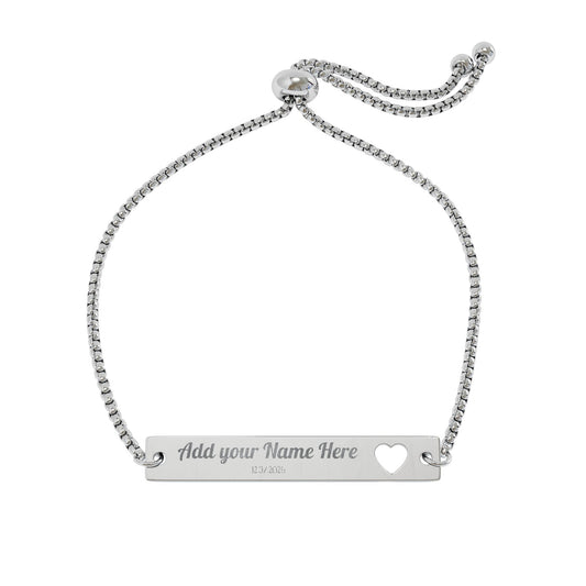 Personalized Heart Cutout Bar Bracelet — Adjustable Engraved Name Jewelry