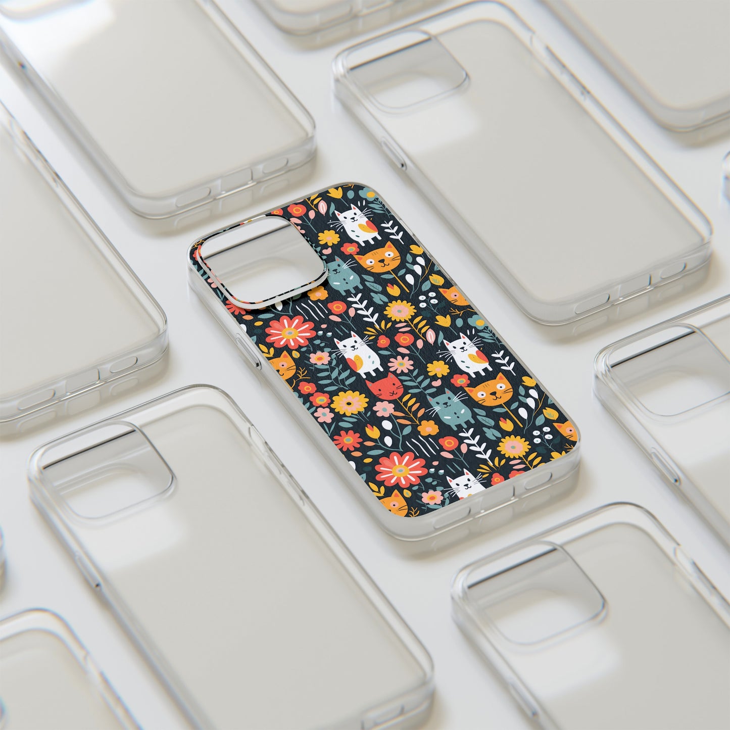 Whimsical Feline Garden Clear Silicone iPhone Cases