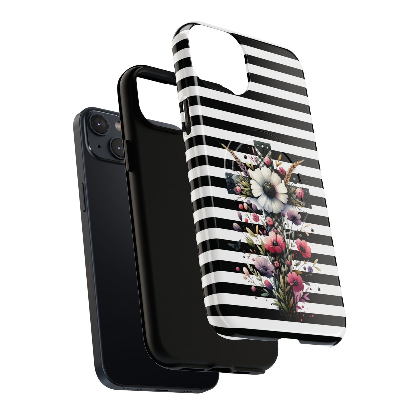 Faith in Bloom Tough iPhone Magnetic Case, iPhone Accessories, Floral iPhone Cover, Durable Cases for Gifts, Black and White Stripes