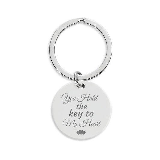 Engraved Round Stainless Steel Keychain – Personalized 'You Hold the Key to My Heart' Couples Gift