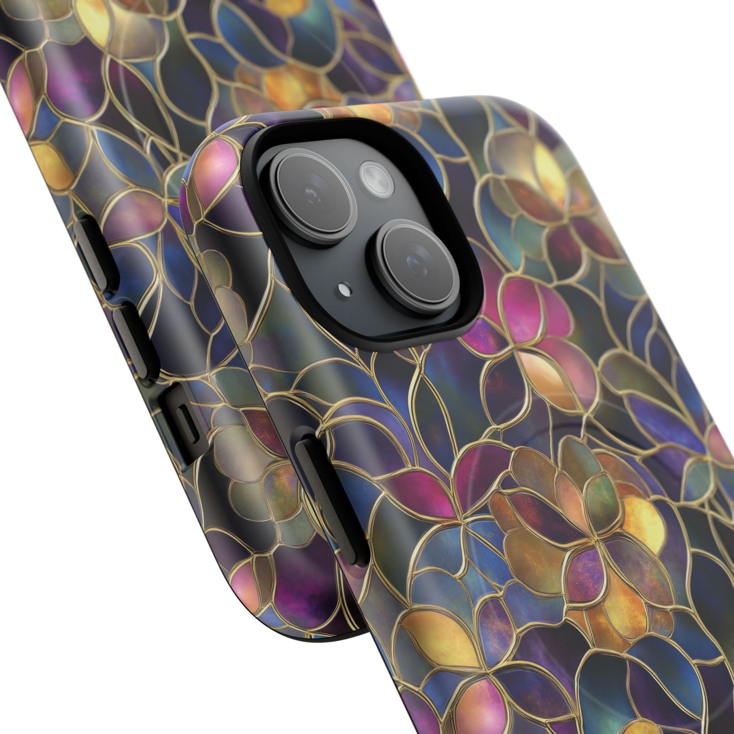 Chromatic Bloom Tough iPhone Magnetic Case, Tough iPhone Cover, Floral iPhone Accessory, Birthday Gift, Elegant Tech Decor, MagSafe Stained Glass Pattern.