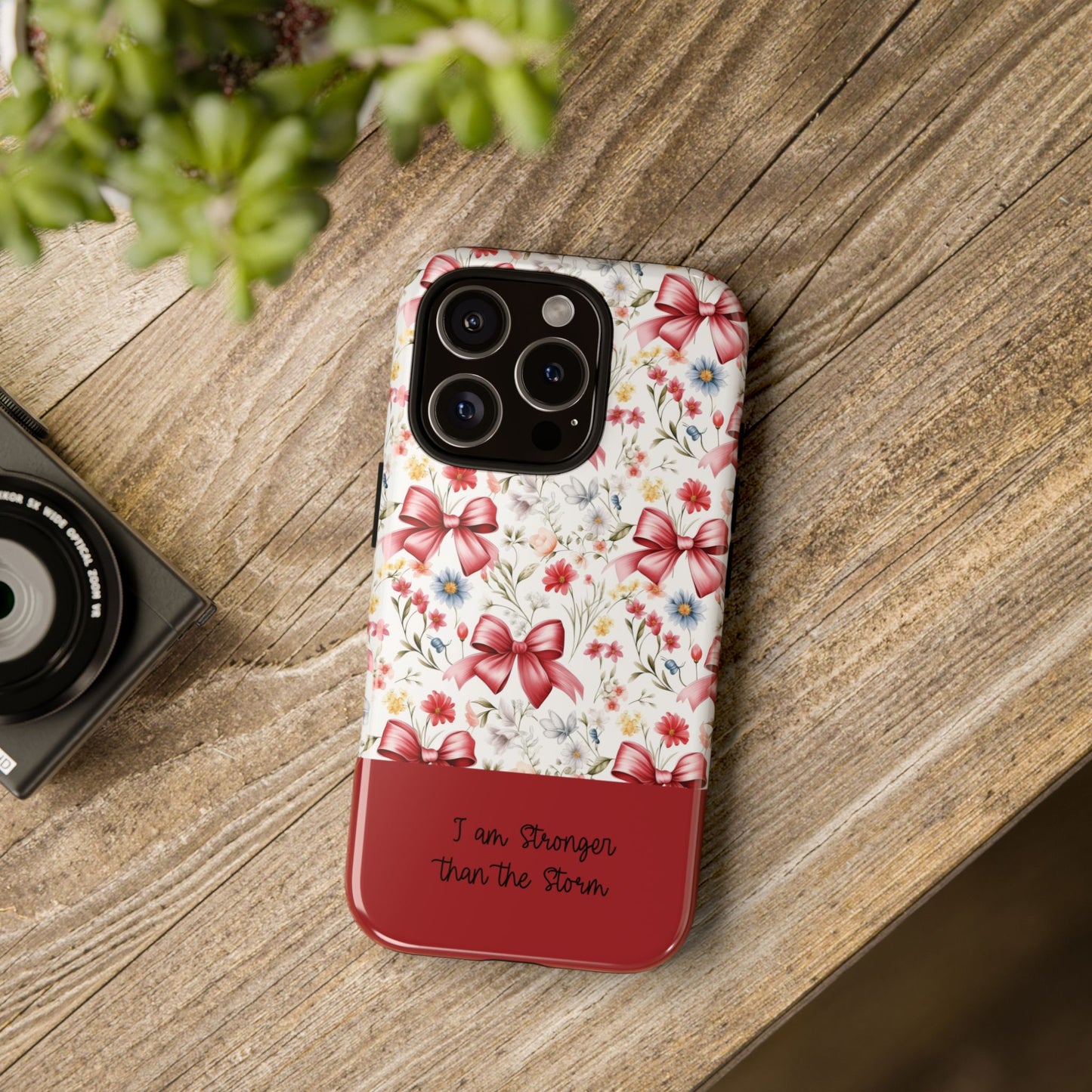 Personalized Rosette Coquette Phone Case - Custom Name/Message 'I Am Stronger Than The Storm' Floral Bow Protective Case