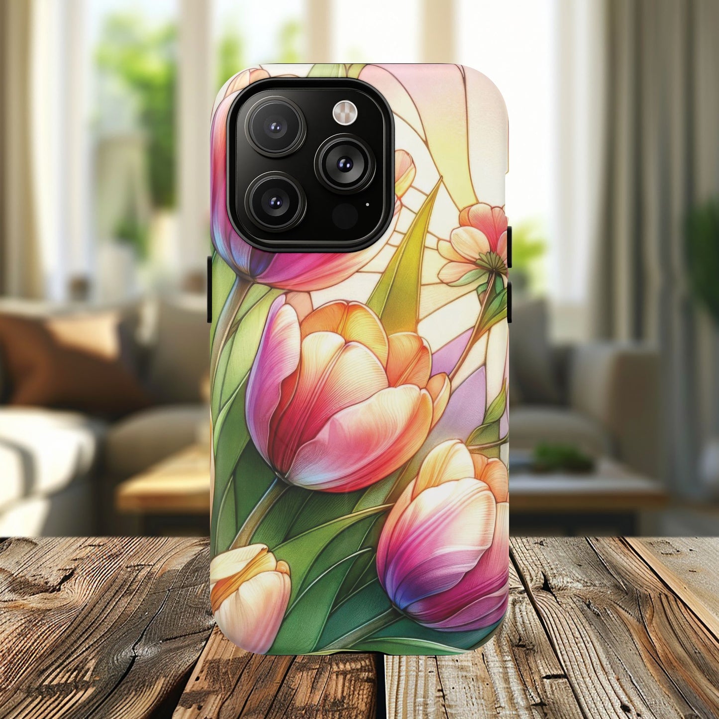 Tulip Glow Tough iPhone Magnetic Case, Floral Design, Spring Gift, Durable Protection, Smartphone Accessories, MagSafe Accessories, Stained Glass Tulip Gift