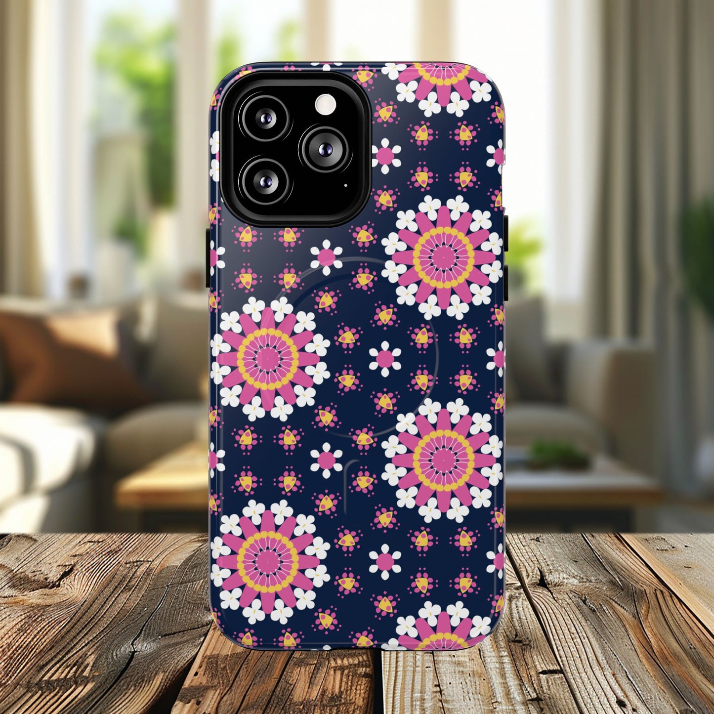 Midnight Mandala Bloom Tough iPhone Magnetic Case, Vibrant Design for Protection, Gift for Her, Trendy Accessory, Floral MagSafe iPhone Cover, Birthday, & Everyday Use