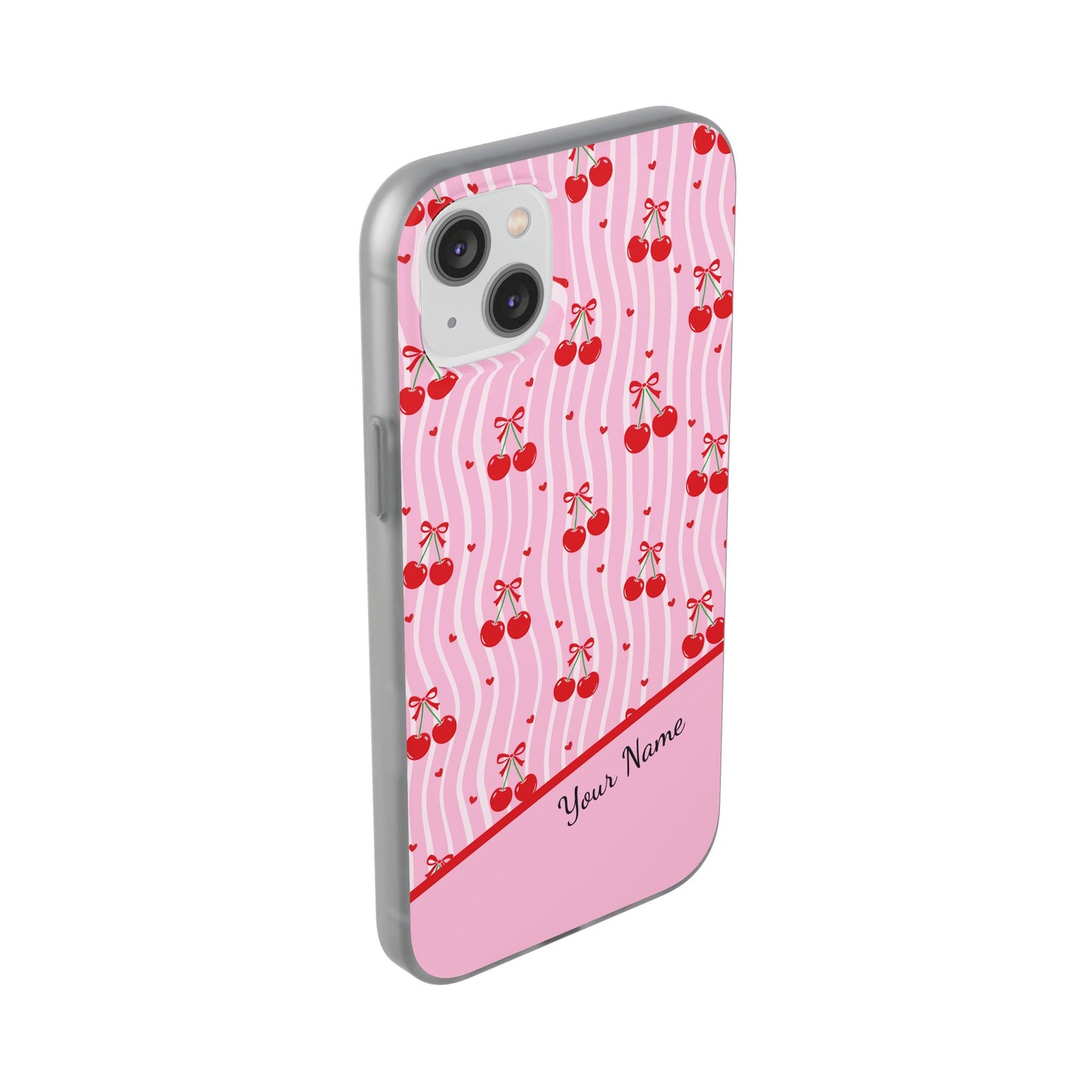 Personalized Cherry Blossom Dreams Flexi Case — Pink Retro Cherry iPhone® 7/8, 11, 12, 13, 14, 15, 16, 17, X/XS, SE, XR, Mini, Pro, Pro Max, Plus Cases.