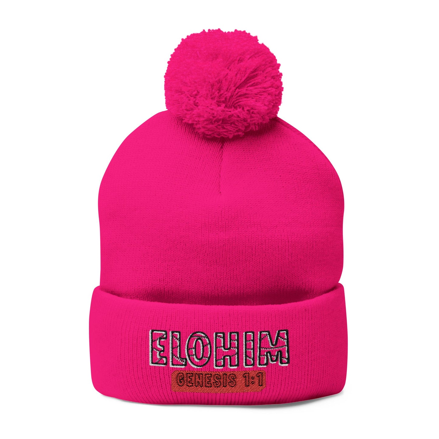 Cozy Pom-Pom Knit Cap with 'ELOHIM, GENESIS 1:1'  Embroidery Beanie - Stylish Winter Accessory for All Ages, Perfect Gift for Birthdays, Holidays, and Outdoor Activities