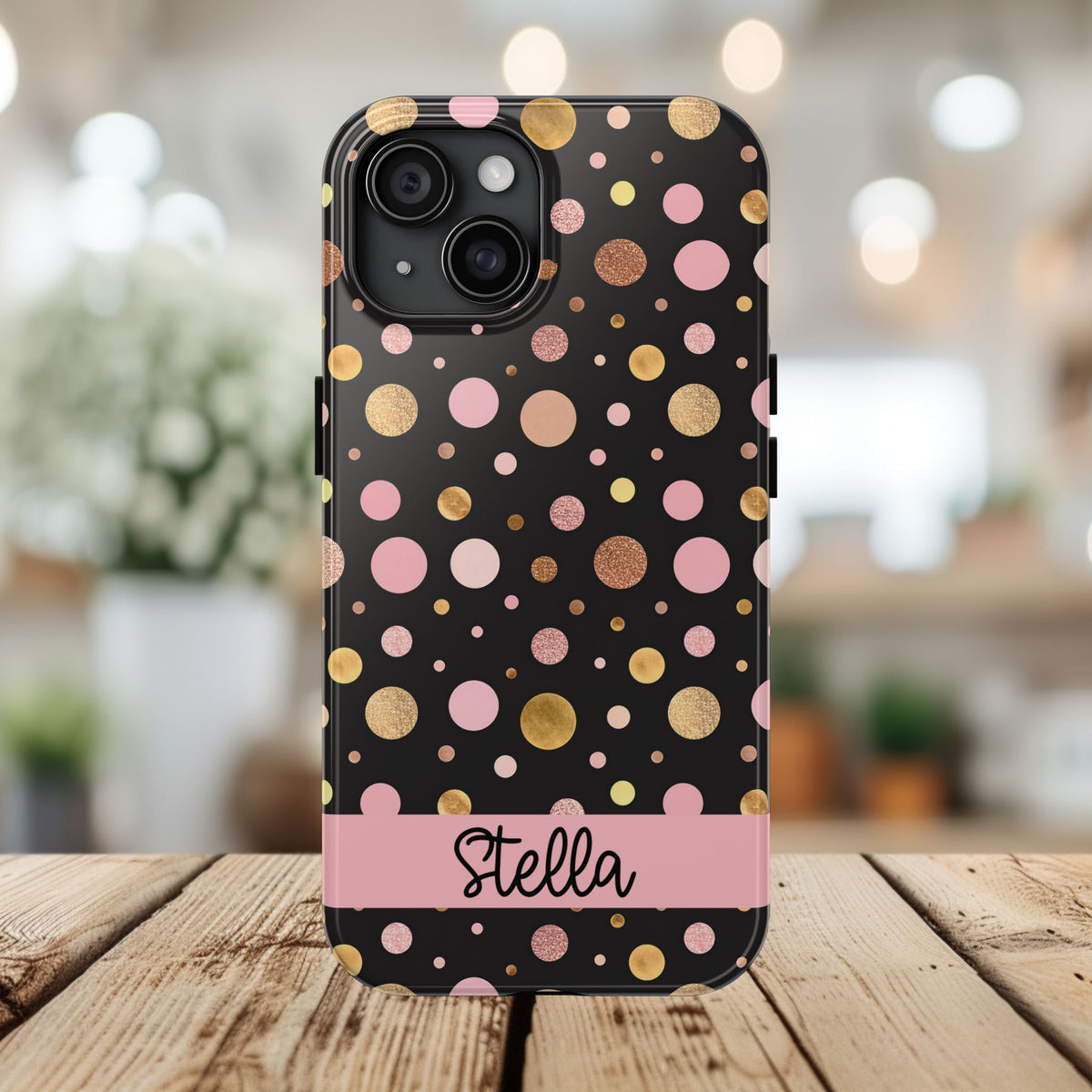 Personalized Gold & Pink Confetti Tough Phone Case — Glitter Dot Protective Phone Cover