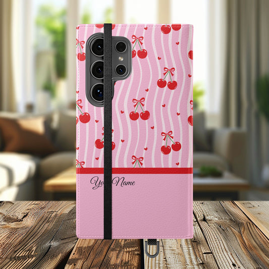 Personalized Cherry Blossom Dreams Flip iPhone and Samsung Cases — Wallet Folio with Name & Affirmation.