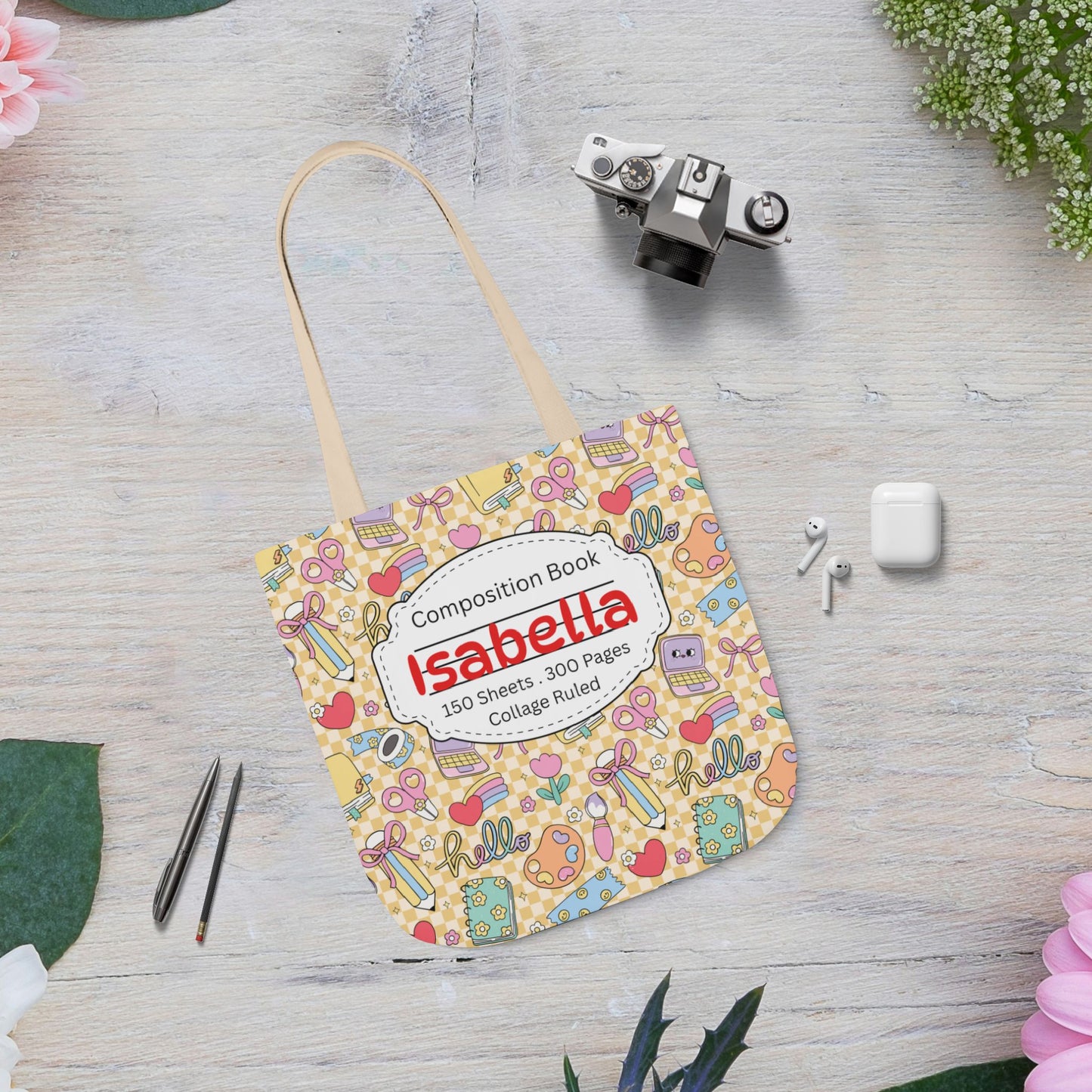 Personalized Doodle Daydream Composition Book Inspired Canvas Tote Bag with Colorful Straps, Cute School Bag, Eco-Friendly Tote, Back to School Shopping Bag, Teacher Gift Idea