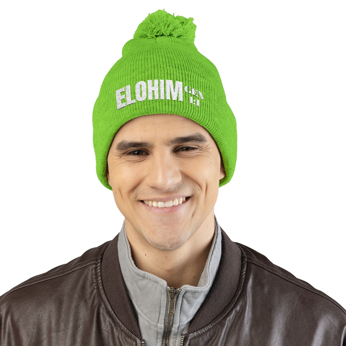 Pom-Pom Knit Cap with 'ELOHIM, GENESIS 1:1'  Embroidery Beanie - Stylish Winter Accessory for All Ages, Perfect Gift for Birthdays, Holidays, and Outdoor Activities