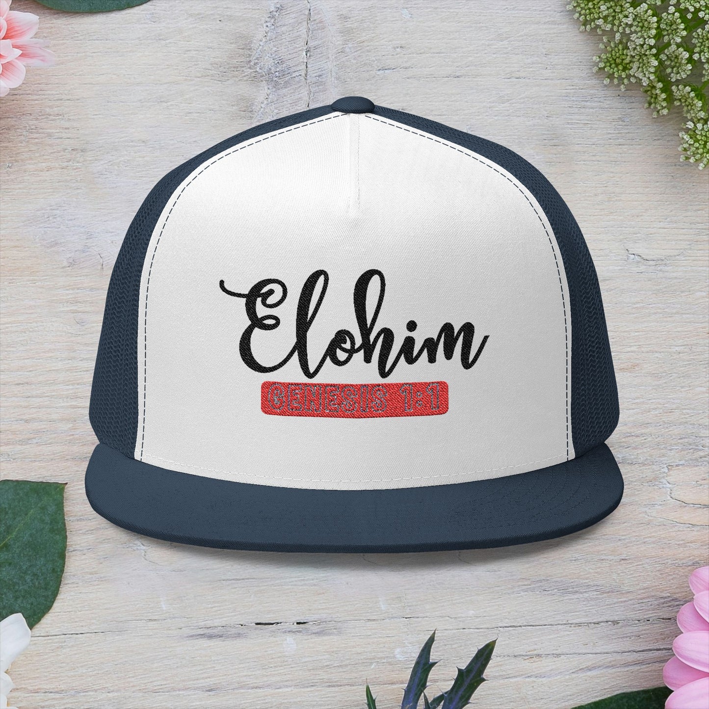 'ELOHIM, GENESIS 1:1'  Embroidered 5 Panel Trucker Cap | Casual Style Hat, Adjustable, Unisex, Perfect Gift for Outdoors, Festivals, Daily Wear