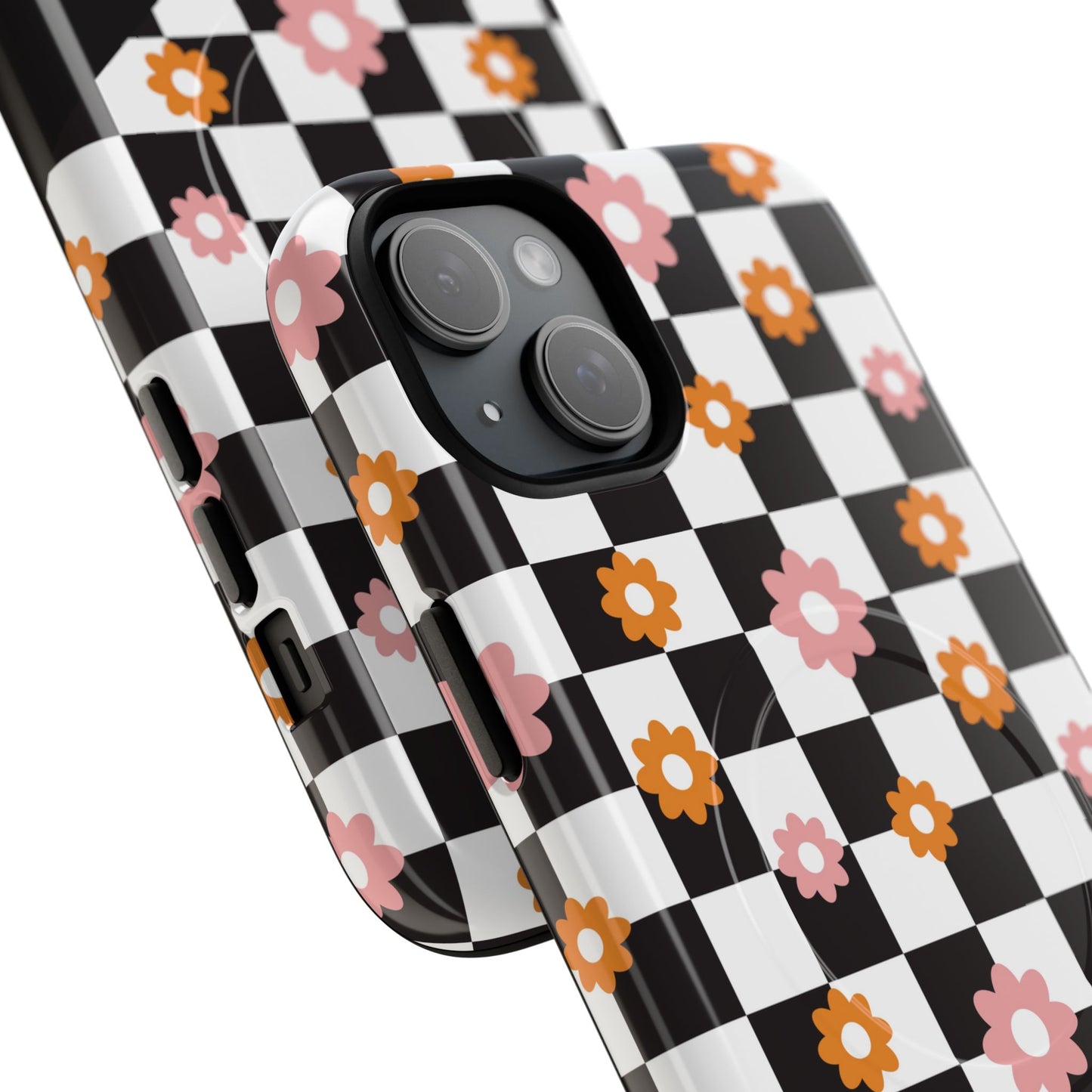 Groovy Checkered Bloom iPhone Case, Tough Magnetic Cases for Women, Stylish iPhone Cover, Trendy Floral Print, Gift for Her, Everyday Accessories