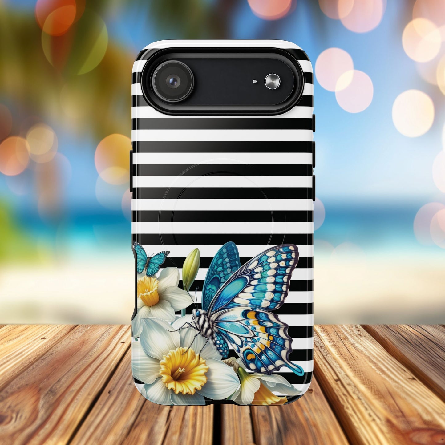 Daffodil Flutter Tough iPhone Magnetic Case, Floral iPhone Accessories, Stylish iPhone Cover, Black Striped Design, Gift for Her, Trendy iPhone