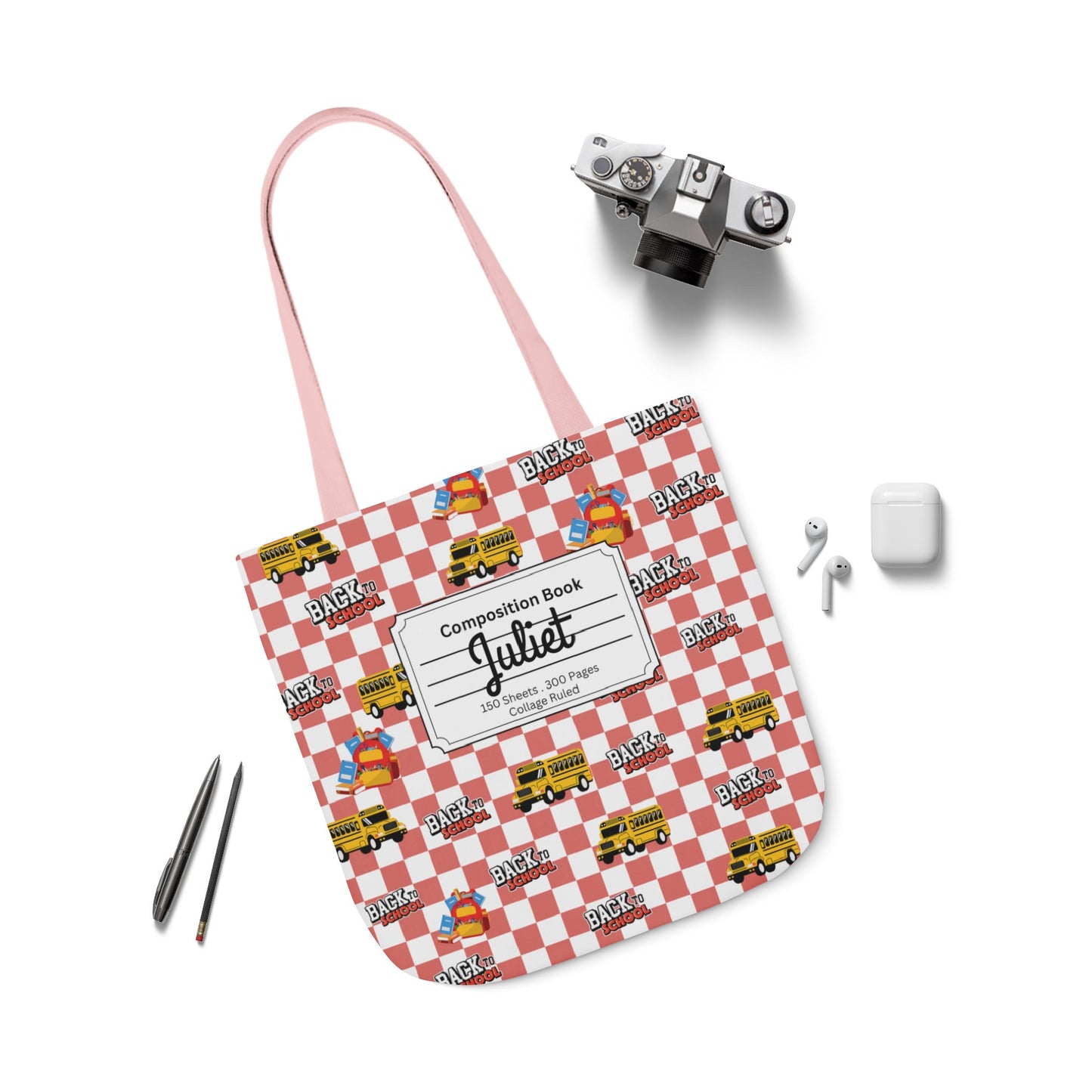 Personalized Red Schoolyard Chic Composition Book Inspired Canvas Tote Bag with Colorful Straps, Cute School Bag, Eco-Friendly Tote, Back to School Shopping Bag, Teacher Gift Idea