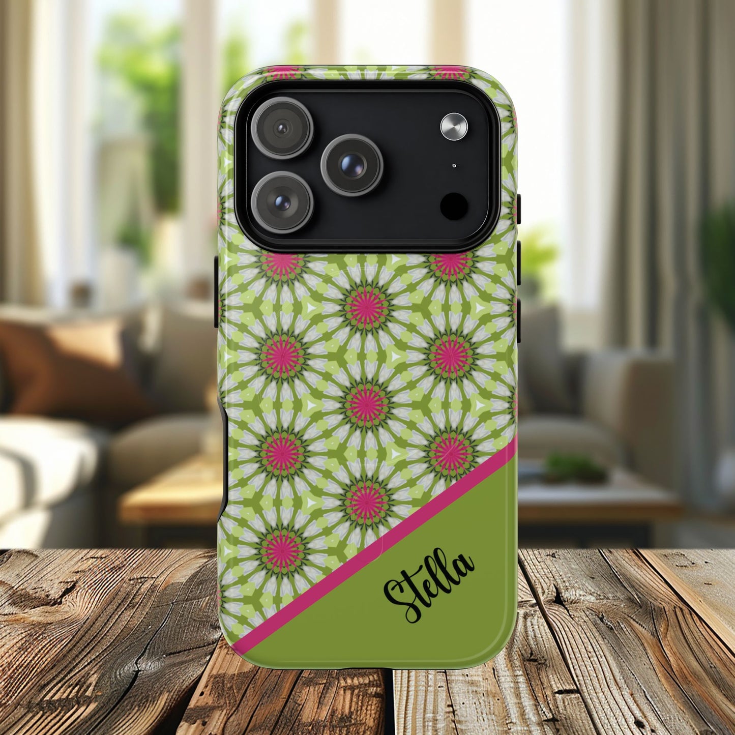 Personalized Meadow Mandala Bloom Vibrant Flower  — Green & Pink Geometric Daisy Design