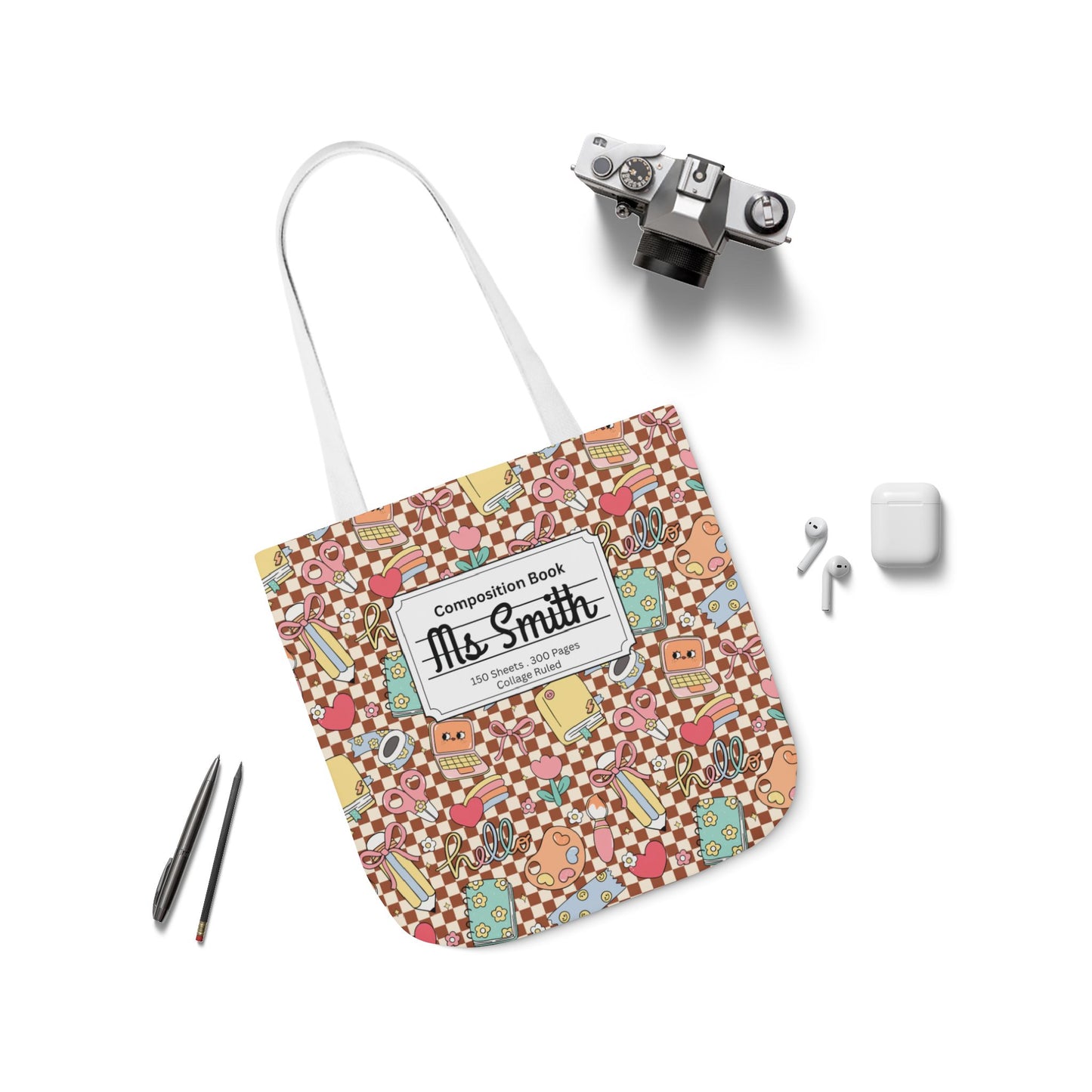 Personalized Brown Doodle Daydream Composition Book Inspired Canvas Tote Bag with Colorful Straps, Cute School Bag, Eco-Friendly Tote, Back to School Shopping Bag, Teacher Gift Idea